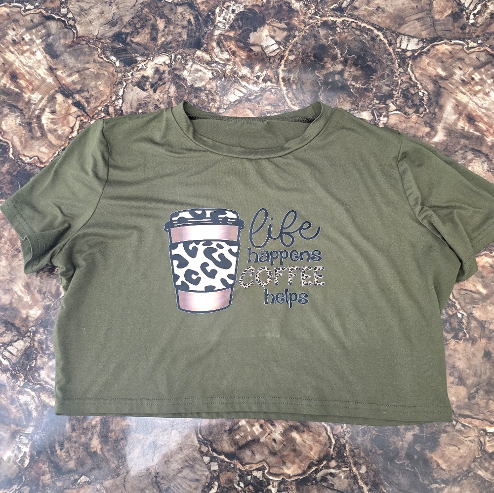 Olive Green Graphic Tee with Coffee Cup Design